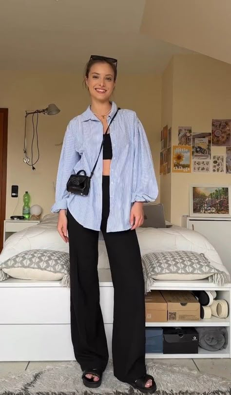 Intern Outfit, Europe Ootd, Button Up White Shirt, Outfits Hailey Bieber, London Outfit Ideas, Basic Summer Outfits, Linen Pants Style, Chic Outfits Edgy, Striped Outfit