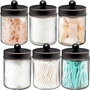 Tiny Bathroom Vanity, Apothecary Jars Bathroom, Bathroom Vanity Organization, Q Tip Holder, Bathroom Canisters, Bathroom Vanity Storage, Jar Packaging, Floss Picks, Chalkboard Labels