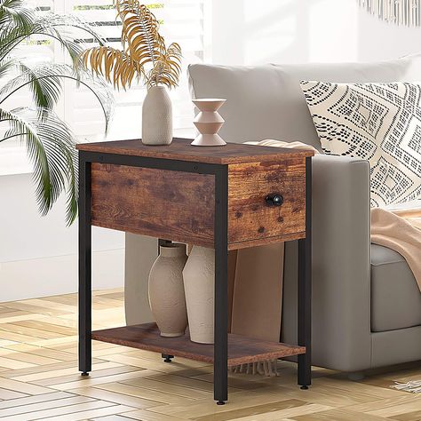 Narrow Nightstand Ideas, Nightstand Ideas Farmhouse, Rustic Spa, Industrial Nightstand, Bedside Table With Drawers, Narrow End Table, Spa Bedroom, Bedroom Industrial, Narrow Nightstand