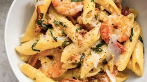 Creamy Cajun Chicken and Prawn Pasta | The Six O'Clock Show Chicken And Prawn Pasta, Chicken In Foil, Creamy Cajun Chicken, Prawn Pasta, Chicken Fillets, Raw Prawns, Romaine Salad, Virgin Media, Cajun Chicken Pasta