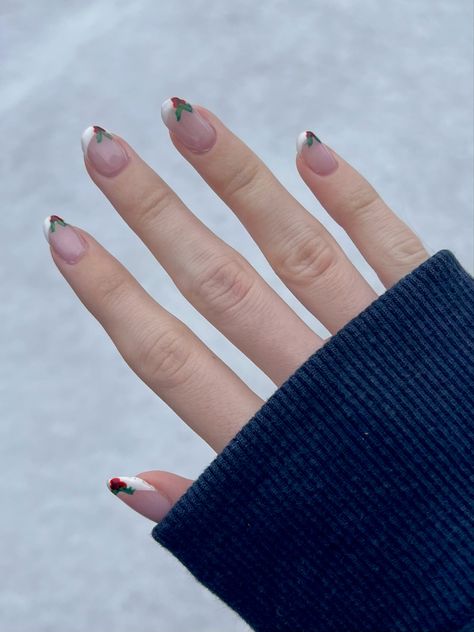 White French Tips With Mistletoe, Mistle Toe Nails, Mistletoe French Tip Nails, French Top, White French Tip, Short Gel Nails, Christmas Gel Nails, Xmas Nails, Holly Leaf