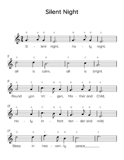 "\"Silent Night\" easy piano sheet music with letters and lyrics is perfect for beginner piano players." Piano Letters Songs, Piano Music With Letters, Piano Christmas, Popular Piano Sheet Music, Piano Songs Sheet Music, Piano Tutorials Songs, Sheet Music With Letters, Piano Songs For Beginners, Piano Sheet Music Letters