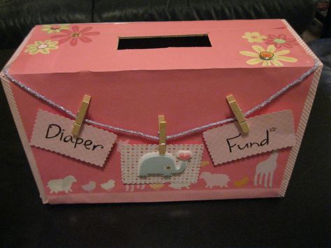 Decoupage Diaper Fund Box Diaper Fund Ideas, Diaper Raffle Box Ideas, Fund Jar Ideas, Baby Shower Card Box Diy, Diaper Sprinkle, Baby Shower Prize Ideas, Shower Prize Ideas, Card Box Diy, Gift Decoration Ideas