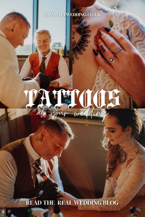 Wedding Tattoo Booth, Tattoos At Wedding, Tattoo At Wedding, Tattoo Artist At Wedding, Wedding Day Tattoo, Wedding Tattoo Station, Carefree Wedding, Alien Wedding, Alternative Wedding Theme