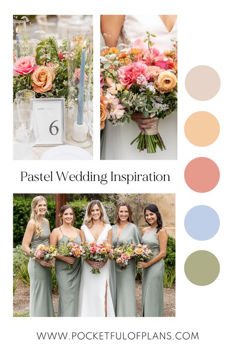 Pastel wedding colors at Pasadera Desert Pastel Wedding Colors, Pastel Wedding Attire, Soft Pastel Wedding Colors, Forest Spring Wedding, Pastel Wedding Theme Color Schemes Bridesmaid Dresses, Summer Color Schemes Wedding, Late Summer Wedding Colors Schemes, Light Fall Wedding Colors, Earth Tone Pastel Wedding