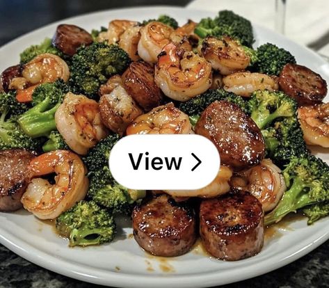 Lemon8 · Honey Garlic Shrimp, Sausage & Broccoli dish  · @Carrie Lamison Broccoli Shrimp Sausage, Shrimp Broccoli Sausage, Shrimp Sausage Broccoli, Honey Garlic Shrimp Sausage And Broccoli, Shrimp Bowls Healthy, Shrimp Entree, Broccoli Sausage, Sausage Broccoli, Shrimp Broccoli