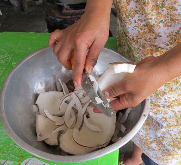 slice fresh coconut with peeler Coconut Chips Recipe, Chip Snacks, Coconut Design, Thai Salad Recipes, Thai Kitchen, Dry Coconut, Thai Cooking, Fresh Coconut, Spicy Thai