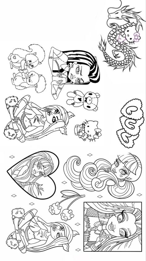 Monster High Doll Tattoo, Monster High Inspired Tattoos, Matching Monster High Tattoos, Monster High Flash Tattoo, Frankie Stein Tattoo, Y2k Coloring Pages Aesthetic, Color Flash Tattoo, Monster High Tattoo Ideas, Monster High Drawings