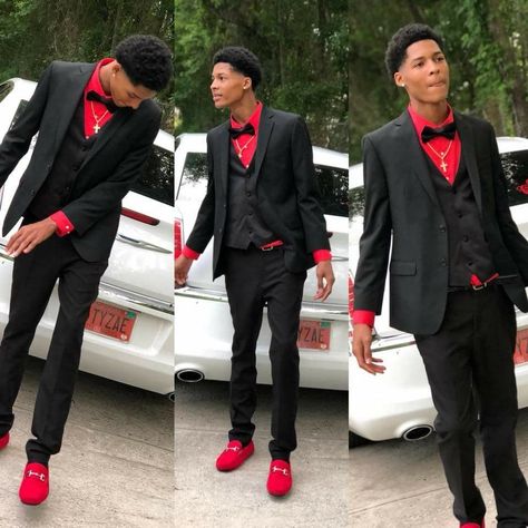 Nothing says bold and daring like black and red outfits for men. Whether you’re looking for something to wear to a formal event or a casual day out wi... Red Prom Guy Outfit, Red Hoco Outfits For Guys, Red Prom Suits For Men, Black Prom Tuxedo Ideas, Red Prom Suits For Black Men, Prom Ideas For Guys, Red Tuxedo For Men Prom, Red Suit Prom, Black Tux Prom