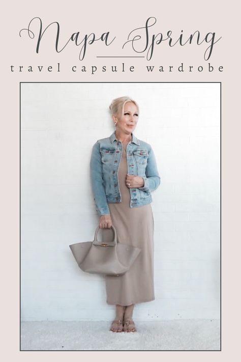 In this guide, I will help you make the most of your Napa Valley vacation wardrobe by maximizing outfit options and minimizing packing necessities. Whether you're embarking on a quick weekend escape or a longer stay in Napa Wine Country, I've carefully selected versatile pieces that effortlessly transition from wine tastings to vineyard explorations. Sit back, unwind, and allow me to simplify the packing process for your upcoming adventure. Napa Valley Outfit Spring, Packing Necessities, Napa Valley Outfit, Spring Travel Capsule, Napa Valley Vacation, Country Vacation, Sleeveless Chambray, Neutral Dress, Neutral T Shirts