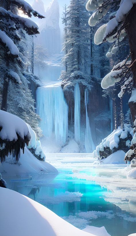 Winter Scenery Pictures, Winter Photography Nature, Beautiful Paintings Of Nature, Frozen Waterfall, Beautiful Winter Pictures, Beautiful Winter Scenes, Christmas Scenery, Night Landscape, Winter Painting