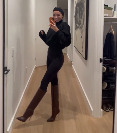 Supermodel Fall Outfits, Nye Work Outfit, Hermes Riding Boots Outfit, Knee High Boots With Pants, Winter Pub Outfit Night, Heels With Tights Outfit, Stuart Weitzman Highland Boots Outfit, Sweater And Leggings Outfit Dressy, Winter Work Outfits 2025