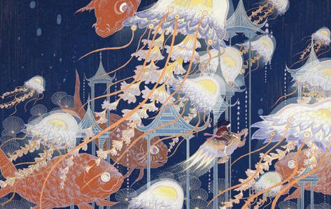 Cover Illustrations, Laptop Wallpaper, Ipad Wallpaper, Chinese Art, Pretty Art, Jellyfish, Sea Life, Traditional Art, Aesthetic Art