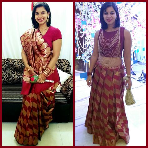 Saree converted to crop top - skirt combo #croptopnskirt #indian #wedding #sareerepurpose #saree #reuse #ethnic #sangeetoutfit #sangeet#ootd #reuse Saree Reuse Project, Lahanga Dress, Saree Repurpose, Saree Transformation, Saree Reuse Ideas, Saree Reuse, Reuse Ideas, Lehenga Saree Design, Recycled Dress