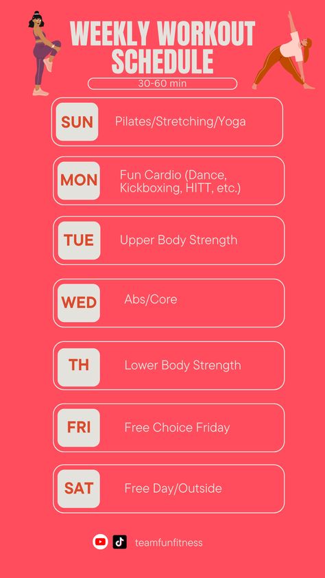 Balanced Workout Schedule, Exercise Schedule Weekly, Easy Workout Schedule, Pilates Schedule Workout Plans, Workout Days Schedule, Pilates Workout Schedule, Weekly Exercise Schedule, Workout Weekly Schedule, Week Workout Schedule