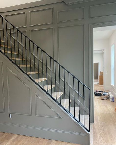 Christine Wesdorp on Instagram: "The view I’ve been waiting for, for a long long time. Still a ways to go but it’s incredible as it sits. Can’t wait to see @designtomarket stage this beautiful house." Stairwell Wainscoting Staircases, Entryway Ideas Wainscoting, Large Wall Molding Ideas, Wainscotting Stairwells, Wainscoting Up Staircase, Opening Up A Staircase Wall, Stair Wall Trim, Wainscoting Staircase Wall, Wall Going Up Stairs