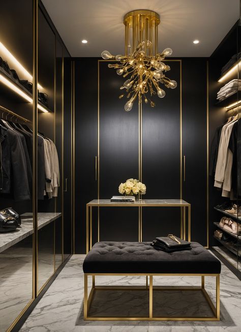 Transform your space into a statement of elegance with this stunning walk-in closet! The striking black walls create a dramatic backdrop, while the sleek marble floor adds a touch of opulence. Golden accents elevate the design, making it the perfect blend of sophistication and style. Ideal for the modern man, this closet showcases your collection in a way that exudes confidence and luxury. Pin this for your ultimate men's closet inspiration! #LuxuryLiving #WalkInCloset #MenStyle Men's Closet, Men Closet, Closet Inspiration, Marble Floor, Black Walls, Walk In Closet, Modern Man, Home Decor Inspiration, Luxury Living