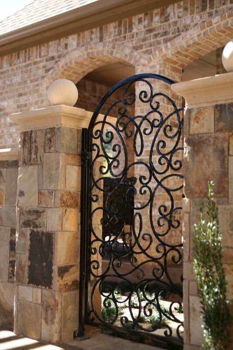 Elegant iron gate with beautiful scrollwork. By Outdoor Signature in Argyle, TX Hacienda Homes, Spanish Hacienda, Spanish Decor, Entry Ways, Spanish Architecture, Mexican Home, Spanish Style Home, Casas Coloniales, Spanish Style Homes