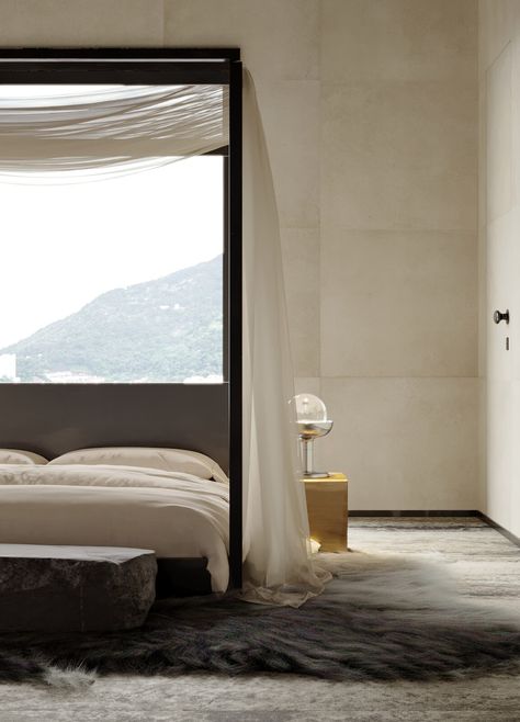 Bedroom that exudes refined sophistication—feminine, elegant, yet strong, making a bold statement. Beige Minimalist Aesthetic, Travertine Floor, Feminine Bedroom, Art Deco Bedroom, Travertine Floors, Table Lighting, French Bedroom, Beige Bedroom, Bed Chair