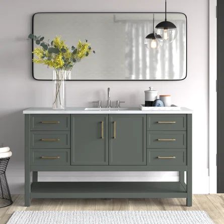 Mercury Row® Vicini 60" Single Bathroom Vanity Set | Wayfair 60 Inch Vanity, 60" Vanity, Green Vanity, Bathroom Necessities, Single Sink Vanity, Main Bathroom, Engineered Stone, Double Bathroom Vanity, Green Bathroom