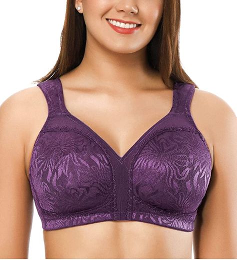 ZeroBound Women's Minimizer Bras Comfort Cushion Strap Wirefree Full Coverage Large Bust Non-Padded Bra(Purple,38D) at Amazon Women’s Clothing store Minimizer Bras, Shoulder Strain, Minimiser Bra, New Bra, Lace Decor, Strappy Sports Bras, Comfortable Bras, White Leopard, Full Coverage Bra