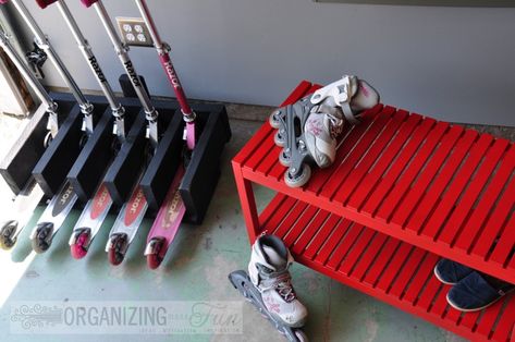 Focus of the article was on the scooter stand, but this gives me an idea for a dual bench/shoe rack. Scooter Storage, Kids Bench, Paint Your House, Garage Organize, Fun Organization, Diy Garage Storage, Creative Storage, Woodworking Bench, Diy Garage