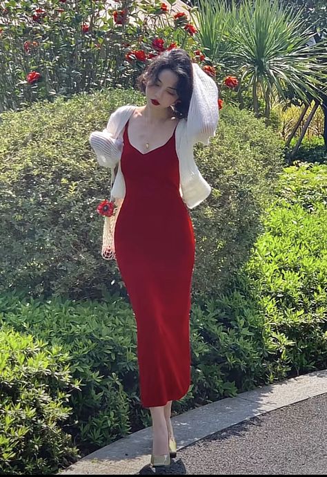 Red Dress With White Cardigan, Red Dress White Cardigan, Red Dress With Cardigan Outfit, Red And White Dress Outfit Classy, Modest Red Outfits, Red Dress Fall Outfit, Red Outfits For Women Classy, Elegant Red Dress Aesthetic, Red And White Outfit Classy