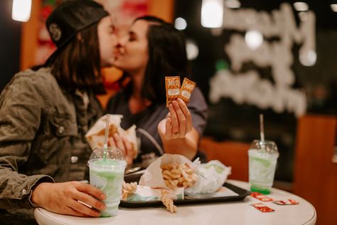 Couple Takes Engagement Photos at Taco Bell Engagement Quotes, Daily Life Hacks, Engagement Photo Shoot, Couples Engagement Photos, Newly Engaged Couple, Taco Bell, Fun Couple, Pre Wedding Photos, Romantic Dinners