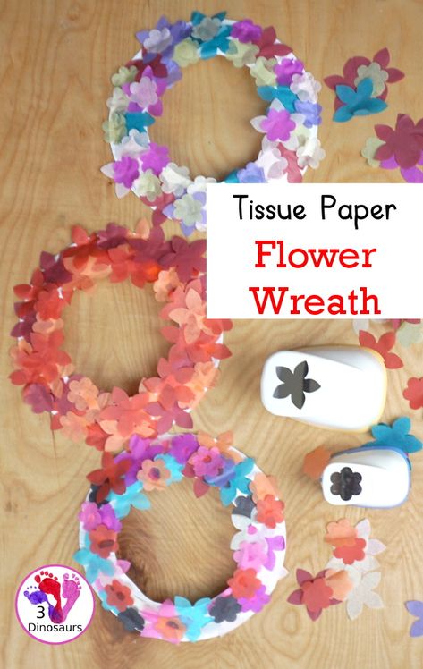 Tissue Paper Flower Wreath Craft - a fun wreath made with tissues paper flower and a paper plate. Super easy for different ages to do this craft. 3Dinosaurs.com #paperplatewreath #flowerwreath #3dinosaurs #funcraftsforkids #flowercrafts Flower Preschool, Flower Activities, Paper Flower Wreath, Craft Recipes, Kids Punch, 3 Dinosaurs, Paper Flower Wreaths, Park Plaza, Esl Games