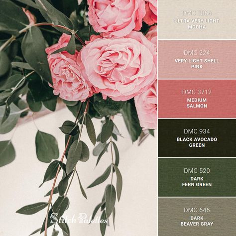 Fantastic Ants - Embroidery Color Palette (With Thread Codes) Stitch Palette Dmc, Pink And Green Colour Palette, Embroidery Color Palette, Stitch Palettes, Rose Palette, Angel Garden, Dark Pewter, Color Schemes Colour Palettes, Dmc Embroidery