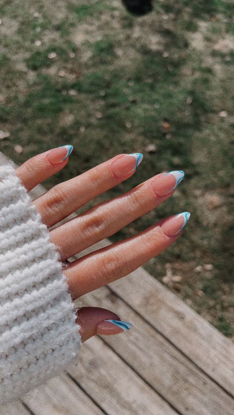 French Tips With Blue, Grad Nails, White French Tips, Hoco Nails, Spring Break Nails, Blue French Tips, Light Blue Nails, Broken Nails, White French Tip