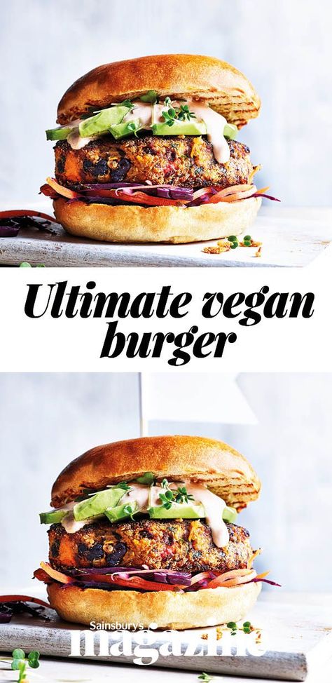 Our ultimate vegan burger is made with black beans and sweet potatoes. Just add a side serving of potato wedges Best Vegan Burger Recipe, Homemade Vegan Burgers, Sweet Potato Vegan, Black Bean And Sweet Potato, Bean And Sweet Potato, Vegan Burger Recipe, Sweet Potato Burgers, Veggie Burgers Recipe, Vegetarian Burger