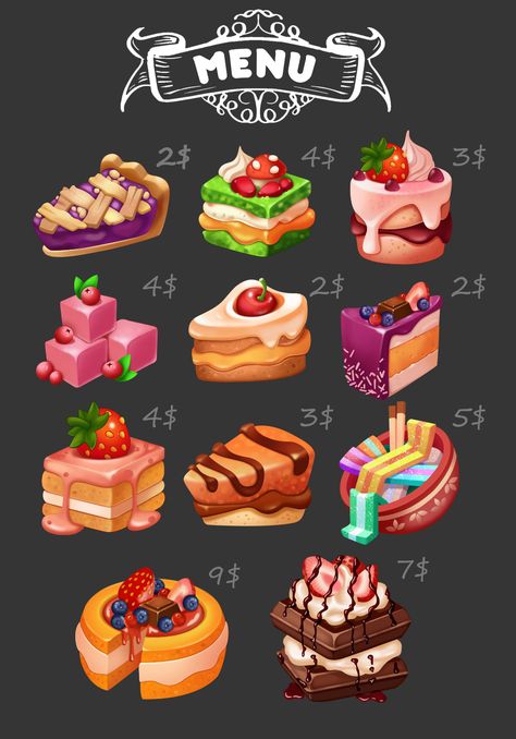 Game Food Art, Game Icons, Food Fantasy, Food Props, Cute Food Drawings, Cute Food Art, Illustration Food, Japanese Snacks, Cooking Games