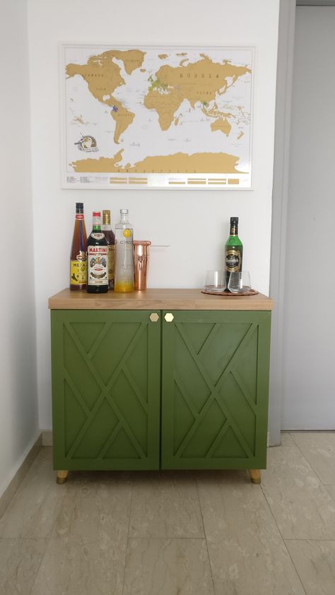 Cabinet Flip, Alcohol Cabinet, Green Liquor, Mid Century Cabinets, Diy Modern Farmhouse, Mid Century Modern Cabinets, Repurposed Kitchen, Wooden Kitchen Cabinets, Old Kitchen Cabinets