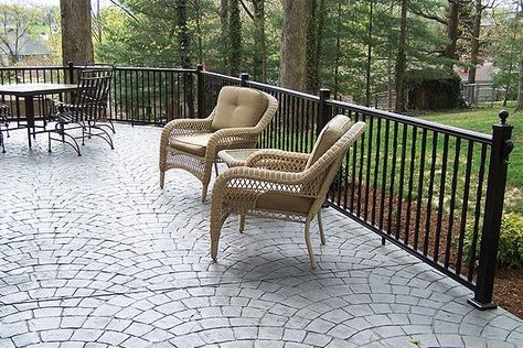 concrete patio with railings | Railing idea: Cement Decks, Patio Idea, Patio Living, Google Search ... Concrete Patio Railing, Patio Railing Ideas, Colored Stamped Concrete, Ideal Backyard, Rod Iron Railing, Backyards Ideas, Concrete Patio Makeover, Patio Floor, Patio Railing