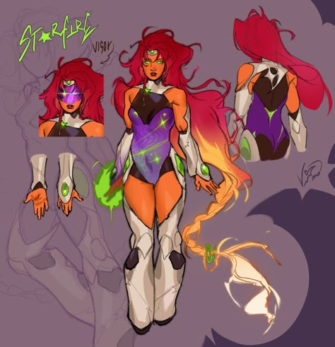 Dc Comics Starfire, Starfire Redesign Ideas, Starfire Design, Anti Hero Outfit, Starfire Fanart, Koriand'r Starfire, Starfire Dc, Teen Titans Starfire, Star Fire