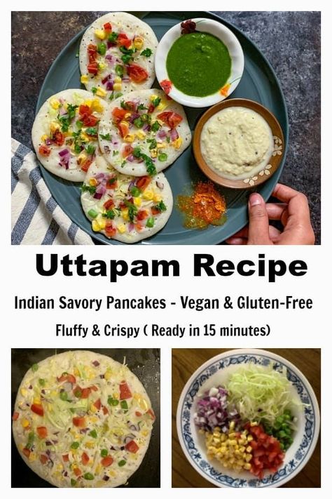 Learn how to make vegetable uttapam recipe that is crispy and fluffy just like you get at a restaurant using leftover idli dosa batter. Ready in 20 minutes. Batter recipe included. Pancakes Savoury, Uttapam Recipe, Chicken Recipe Indian, Idli Batter, Indian Beef Recipes, Dosa Batter, Indian Soup, Indian Cake, Indian Thali