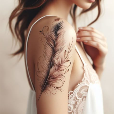 Feather Shoulder Tattoos, Feather Tattoo On Shoulder, Tattoos Feather, Tattoos For Dad Memorial, Feather With Birds Tattoo, Coordinates Tattoo, Stomach Tattoos Women, Tattoo On Shoulder, Upper Back Tattoos