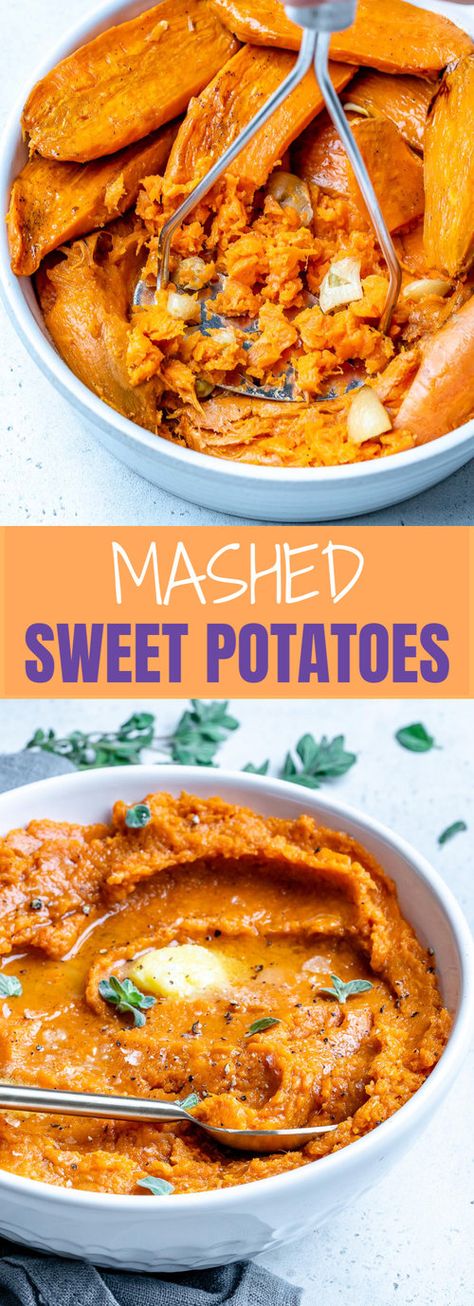 These Healthy Roasted Garlic Mashed Sweet Potatoes are Delicious! Savory Sweet Potatoes, Mashed Sweet Potatoes Recipe, Cozy Pasta, Sweet Potato Recipes Mashed, Blondie Recipes, Healthy Side Dish Recipes, Sweet Potatoes Recipe, Stuffed Sweet Potato Healthy, Healthy Side Dish