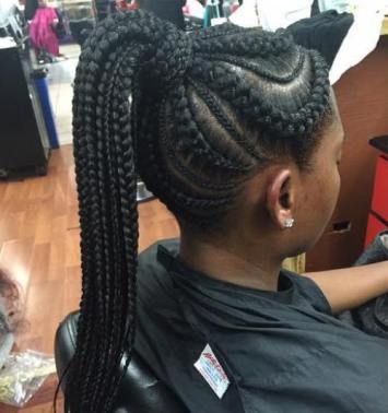 Big And Small Cornrows With A High Ponytail Big Cornrows, Small Cornrows, Ghana Braid Styles, Black Braided Hairstyles, Big Braids, Goddess Braids Hairstyles, Ethnic Hairstyles, Braided Ponytail Hairstyles, Small Braids