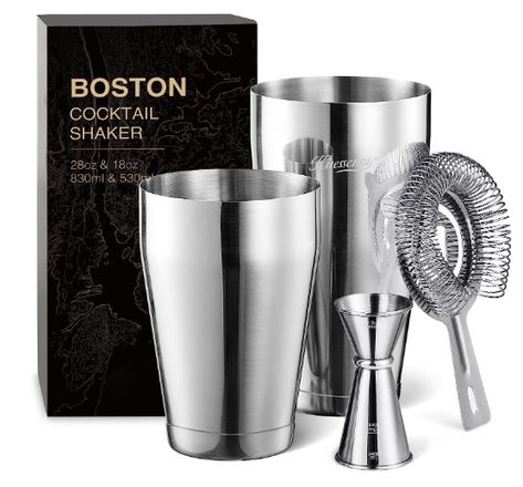 The Boston Cocktail Shaker Set is a must-have 4-piece kit for aspiring bartenders. Crafted with high-quality stainless steel, it includes two sleek Boston shaker tins that fit snugly, enabling efficient shaking and straining. Elevate your mixology game with this stylish and functional set, perfect for crafting delicious cocktails at home. Mixology Kit, Drink Shaker, Boston Shaker, Bartender Kit, Cocktail Recipe Book, Best Pickles, Martini Shaker, Cocktail Shaker Set, Cocktail Mixers