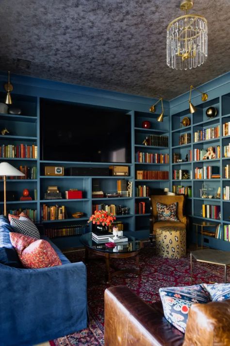 One Room Challenge Fall 2021: Week Eight – Home Library & Porch – The Reveal! Tv Room Library, Small Space Library Office, Navy Library Room, Home Library Lighting, Blue Library Room, Home Study Room Personal Library, Library Tv Room, Snug Library, Library Snug