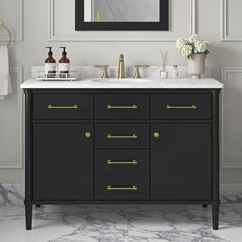 Dark Cabinets Bathroom Ideas, Black Bathroom Vanity With Gold Hardware, 60" Vanity Double Sink, Athena Calderone Bathroom, Antique Vanity Bathroom, Black And White Bathroom Ideas Modern, Bathroom Black Cabinets, White Bathroom Ideas Modern, Dark Cabinets Bathroom