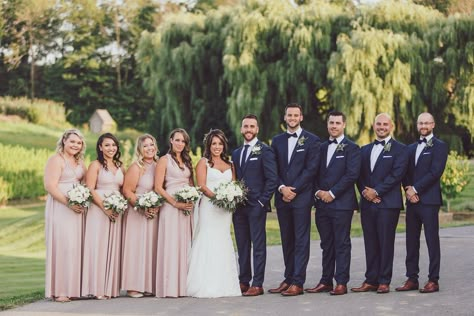 Navy Wedding Party, Pink Groomsmen, Pink And Navy Wedding, Blue Groomsmen, Dusty Pink Bridesmaid Dresses, Wedding Party Poses, Bridesmaid Poses, Wedding Groomsmen Attire, Groom And Groomsmen Suits