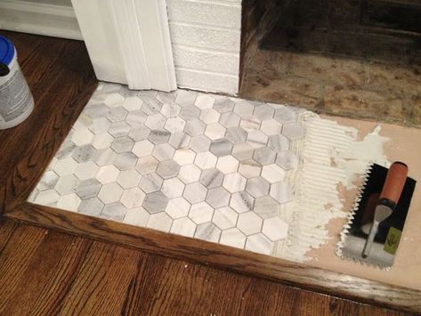 Tile Hearth, Fireplace Hearth Tiles, Hearth Tiles, Fireplace Redo, Fireplace Update, Brick Fireplace Makeover, Hex Tile, Farmhouse Fireplace, Fireplace Hearth