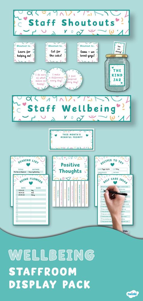 This beautiful Staff Wellbeing Display Pack has everything you need for a calming corner in your staffroom! Designed with beautiful confetti in blue, pink and yellow, the resources are sure to brighten your wall and your day! The resources focus on the wellbeing of you and your colleagues and the activities encourage the spreading of kindness and positivity!