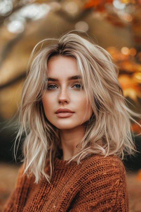 Blondes Fall Hair Color, Short Hairstyle Women Dark Blonde, Autumn Lowlights For Blondes, Blonde Hair Cuts Medium Layered, Autumn Blonde Balayage, Blonde Balayage On Dark Hair With Bangs, Blond Hair Styles For Medium Length Hair, Blonde Hair Colors For Fall, Fall Blonde Hair Medium Length