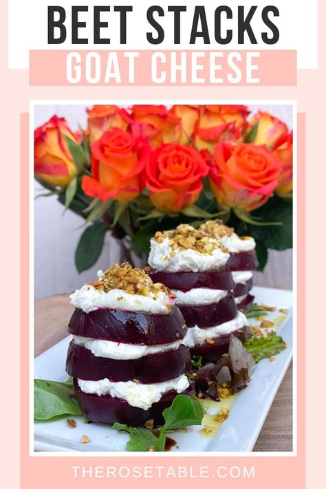 Delicious Goat Cheese Beet Stacks with whipped goat cheese and finely chopped pistachios. EASY recipe. Goat Cheese Beets, Beet And Goat Cheese Appetizer, Roasted Beets With Goat Cheese, Beets And Goat Cheese, Cheese Tower, Cheese Ball Bites, Goat Cheese Appetizer, Beet And Goat Cheese, Dinner Party Dishes