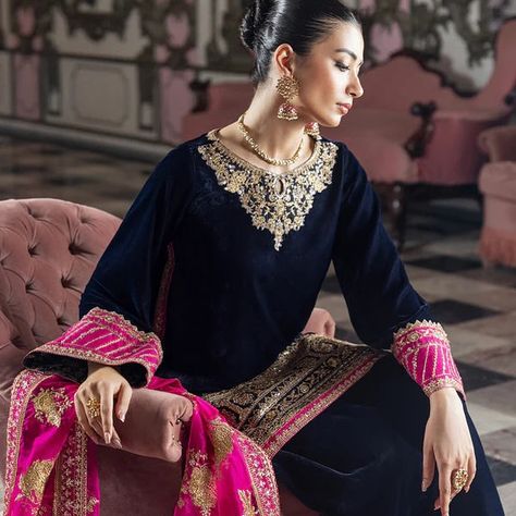 ❤️Now Available ❤️ @zainabchottaniofficial velvet Luxury Formals Collection | Meticulously stitched and accessorized for perfection. Embrace the season’s style with HouseOfAyeza. 💃💐 👉 Explore Now: ✨www.HouseOfAyeza.co.uk✨ . . #houseofayeza #zainabchottani #velvet #pakistanifashion #pakistaniwedding #winterwedding Pink Organza Dupatta, Navy Blue Velvet Dress, Velvet Dupatta, Zainab Chottani, Pakistani Clothes Online, Velvet Shawl, Pakistani Party Wear, Blue Velvet Dress, Pink Embroidery