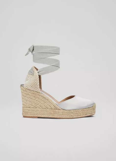 Esmerelda Grey Satin Espadrille Wedges | Shoes | Collections | L.K.Bennett, London Bags Ideas, Wedges Shoes, Lk Bennett, Grey Tie, Espadrille Wedge, Espadrilles Wedges, Wedge Heels, Shoe Collection, Wedge Shoes